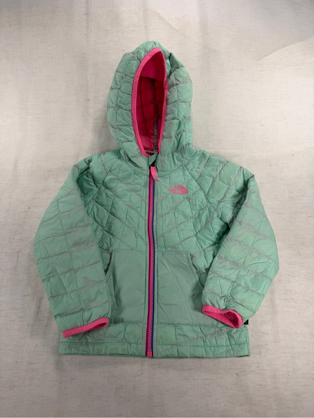 The North Face Mint Green Hooded Puffer Jacket with Pink Trim